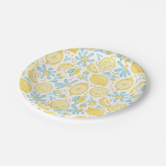 Assiettes En Carton Citrons jaunes & Fleurs bleues pastel Motif (Angle)