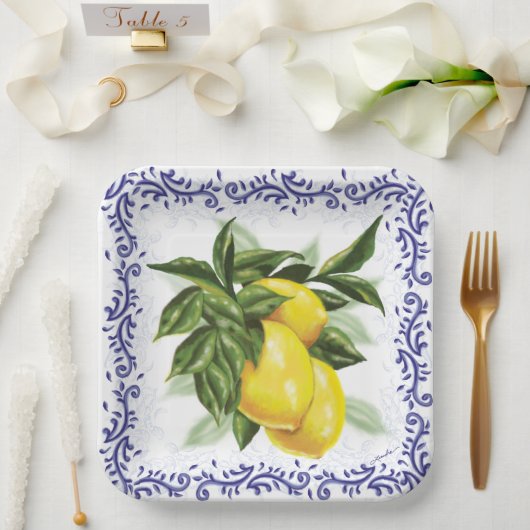 Assiettes En Carton Citrons Royal Toile Filigree (Mariage)