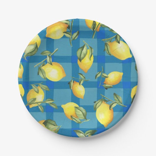 Assiettes En Carton Citrons sur le plaid bleu (Devant)