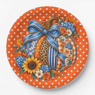 Assiettes En Carton Citrouille à pois orange