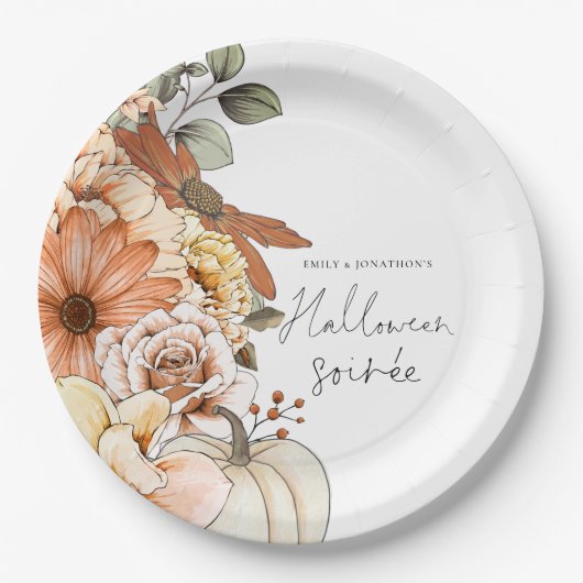 Assiettes En Carton Citrouille Automne Florals Script Halloween Soirée (Devant)