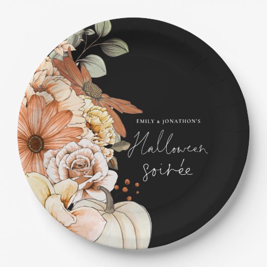 Assiettes En Carton Citrouille Automne Florals Script Halloween Soirée (Devant)