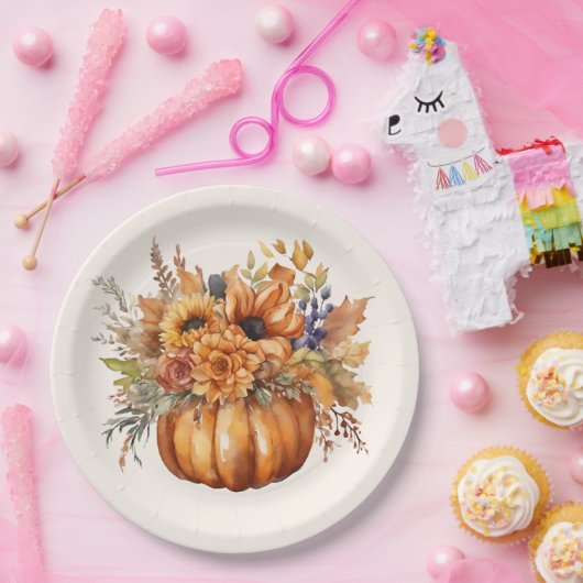 Assiettes En Carton Citrouille avec fleurs-Thanksgiving- (Fête)