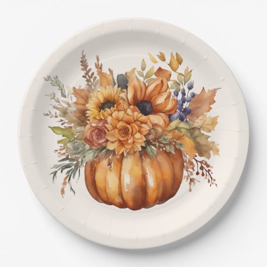 Assiettes En Carton Citrouille avec fleurs-Thanksgiving- (Devant)