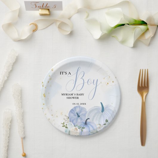Assiettes En Carton Citrouille bleu automne Floral Boy Baby shower (Mariage)