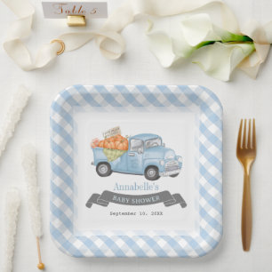 Assiettes En Carton Citrouille bleu Camion En vichy Baby shower garçon