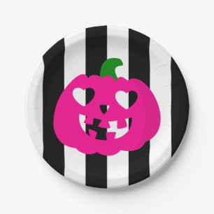 Assiettes En Carton citrouille coeur Halloween rose rayée