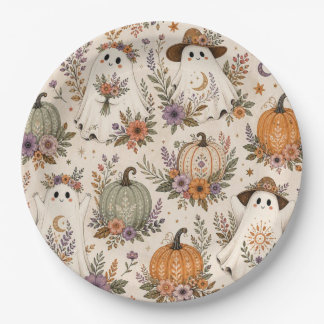Assiettes En Carton Citrouille florale fantôme Boho Halloween