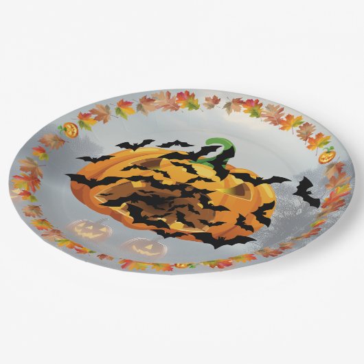 Assiettes En Carton Citrouille Halloween effrayant avec chauves-souris (Angle)