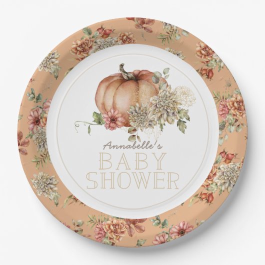 Assiettes En Carton Citrouille orange et Baby shower Dahlia blanc (Devant)