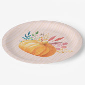 Assiettes En Carton Citrouille orange sur bandes rose et or (Angle)