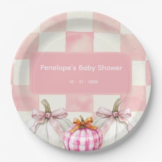 Assiettes En Carton Citrouille rose automne En vichy Baby shower fille (Devant)