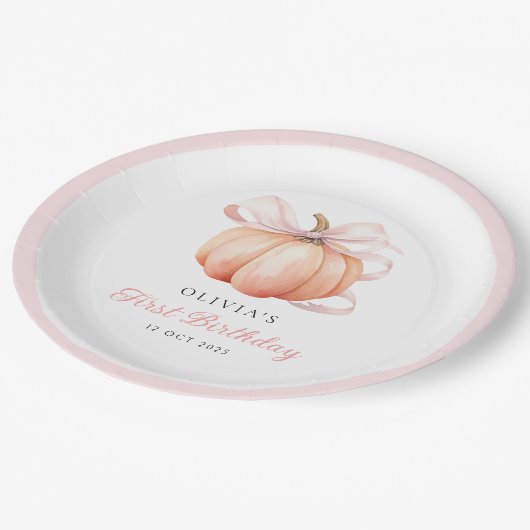 Assiettes En Carton Citrouille rose Bow 1er anniversaire (Angle)
