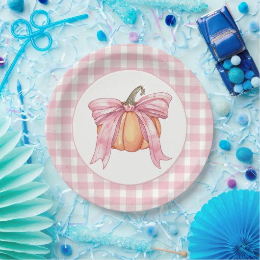 Assiettes En Carton Citrouille rose En vichy associé à une patte (Fête)