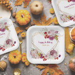 Assiettes En Carton Citrouille rose Rustique Floral Joyeux anniversair<br><div class="desc">Plaques de fête d'anniversaire de filles Citrouilles roses. Ce design floral rustique a un cadre en forme de coeur géométrique doré décoré avec des citrouilles aquarelles, l'herbe pampa, les feuilles d'automne, le coton, les fleurs roses et les chrysanthes. Le libellé est entièrement modifiable afin que vous puissiez vous customiser pour...</div>