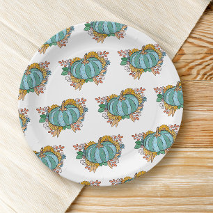 Assiettes En Carton Citrouille turquoise automne modèle floral