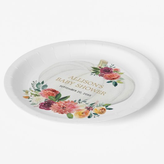 Assiettes En Carton citrouilles bordeaux à fleurs d'or blanc (Angle)