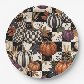 Assiettes En Carton Citrouilles Carrelées Élégantes Récolte d'Automne