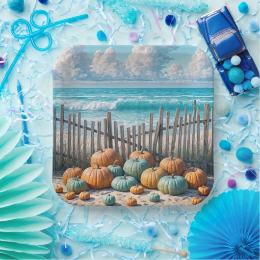 Assiettes En Carton Citrouilles d'automne sur une plage (Fête)