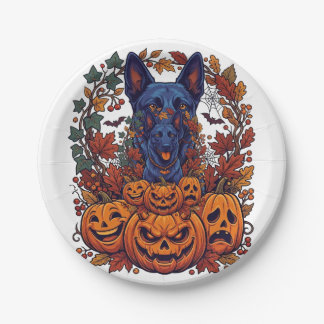 Assiettes En Carton Citrouilles d'Halloween Pitbull Bleu Feuilles d'Au