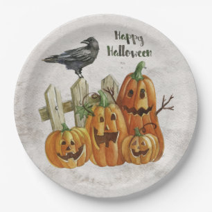 Assiettes En Carton Citrouilles heureux d'aquarelle de Halloween