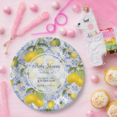 Assiettes En Carton Citrus citron Folial Bleu Baby shower blanc (Fête)
