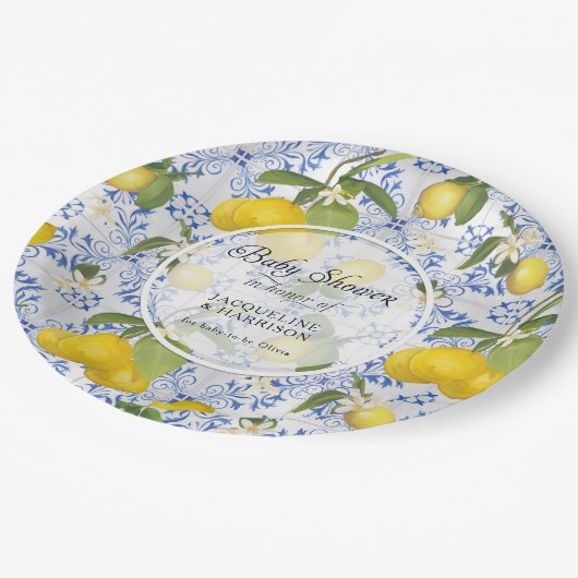 Assiettes En Carton Citrus citron Folial Bleu Baby shower blanc (Angle)