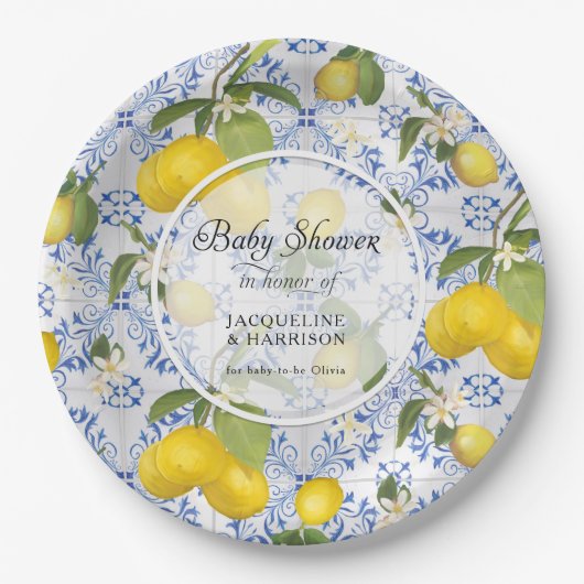 Assiettes En Carton Citrus citron Folial Bleu Baby shower blanc (Devant)