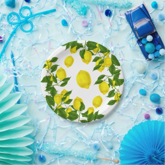 Assiettes En Carton Citrus Citron jaune Vert Feuilles de mariage (Fête)