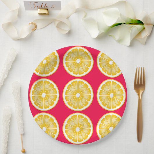 Assiettes En Carton Citrus Citron tranche Hot rose et jaune (Mariage)