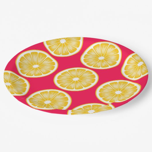 Assiettes En Carton Citrus Citron tranche Hot rose et jaune (Angle)