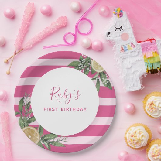 Assiettes En Carton Citrus Citrus Citrus rose Premier anniversaire (Fête)