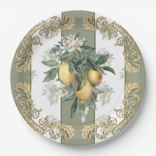 Assiettes En Carton Citrus de citron Élégant rayé vert et blanc