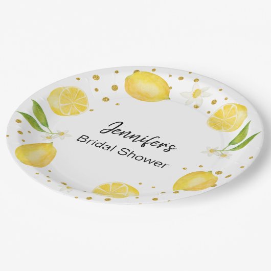 Assiettes En Carton Citrus de citron et or (Angle)