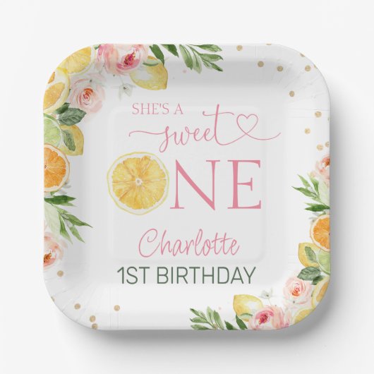 Assiettes En Carton Citrus floral rose 1er Anniversaire Plaque papier (Recto)