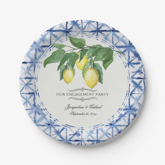 Assiettes En Carton Citrus Lemon Floral Folio Bleu Blanc Fiançailles (Devant)