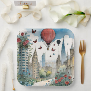 Assiettes En Carton City Skyling Rose Papillons Et Ballon À Air Chaud