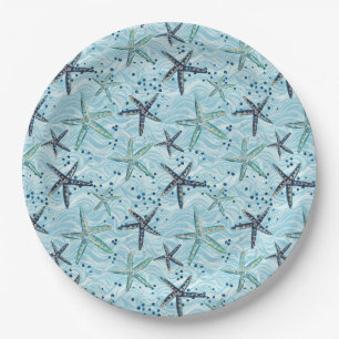Assiettes En Carton Clair bleu et or Starfish sur Ocean Wave Motif