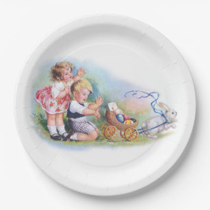 Assiettes En Carton Clapsaddle : Enfants jouant avec le lapin