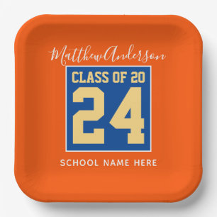 Assiettes En Carton Classe de 2022 Orange Blue & Gold Graduation Party
