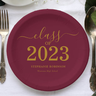 Assiettes En Carton Classe de 2023 Gold Maroon Graduation Party