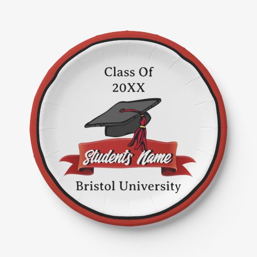 Assiettes En Carton Classe de 2023 Personnalisé Graduation Maroon Noir (Devant)