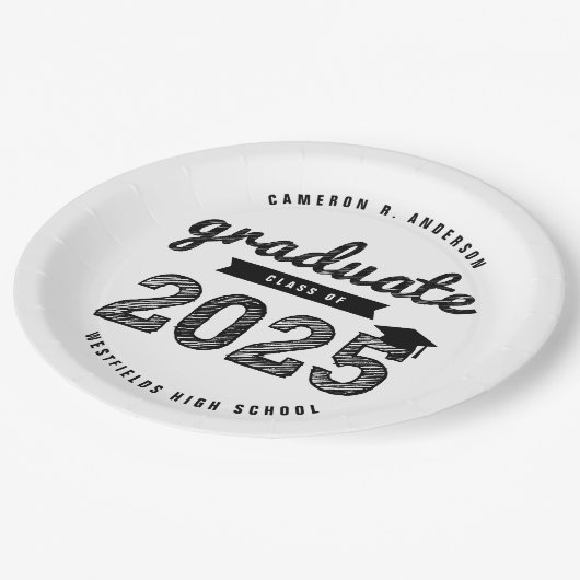 Assiettes En Carton Classe De 2025 Black Sketch Graduation Party (Angle)