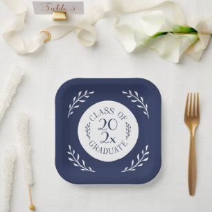 Assiettes En Carton Classe De 2025 Graduate Chic Navy Blanc Botanique