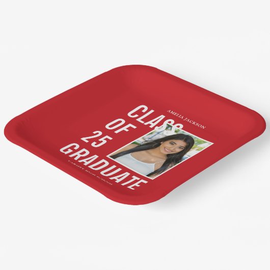 Assiettes En Carton Classe De 2025 Red & White Photo Graduation Party (Angulaire)