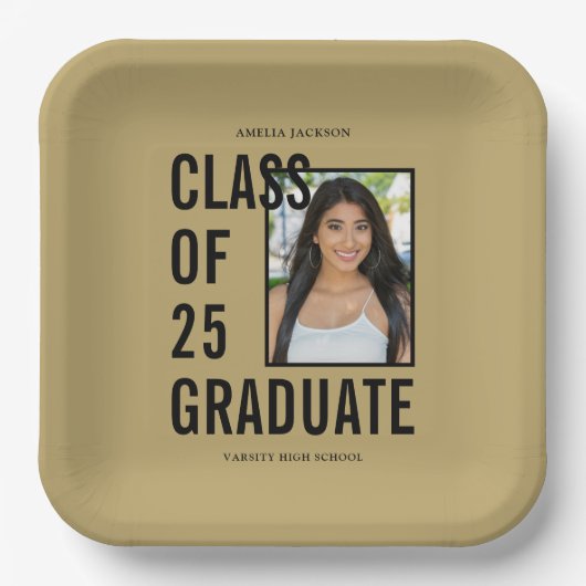 Assiettes En Carton Classe De 25 Black & Gold Photo Graduation Party (Recto)