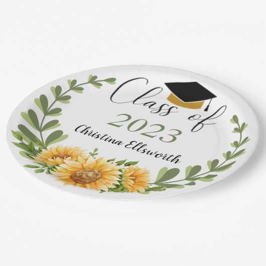 Assiettes En Carton Classe de Sunflower Wreath Grad Party 2023 (Angle)