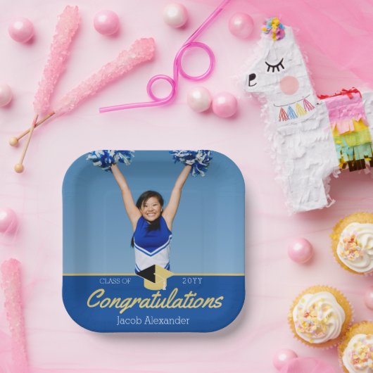 Assiettes En Carton Classe personnalisée Photo Bleu Graduation (Fête)