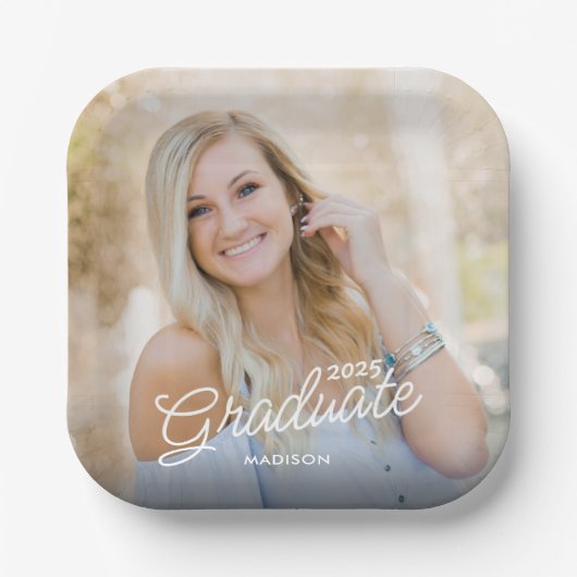 Assiettes En Carton Classe photo de script moderne de 2025 Graduation (Recto)