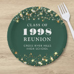 Assiettes En Carton Classe Reunion Gold Stars Green Personnalisé<br><div class="desc">Célébrez avec vos camarades de classe à votre réunion de classe de l'école ou du collège avec ces plaques de papier couleur personnalisées et personnalisées pour n'importe quel cours de fin d'études (l'année est modifiable) avec votre année de classe et le nom de l'école. Le design comporte des étoiles dorées...</div>